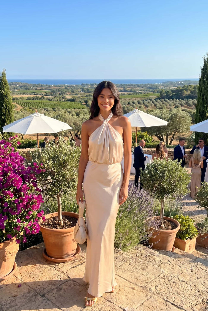 Twist Neck Satin Maxi Dress / Champagne