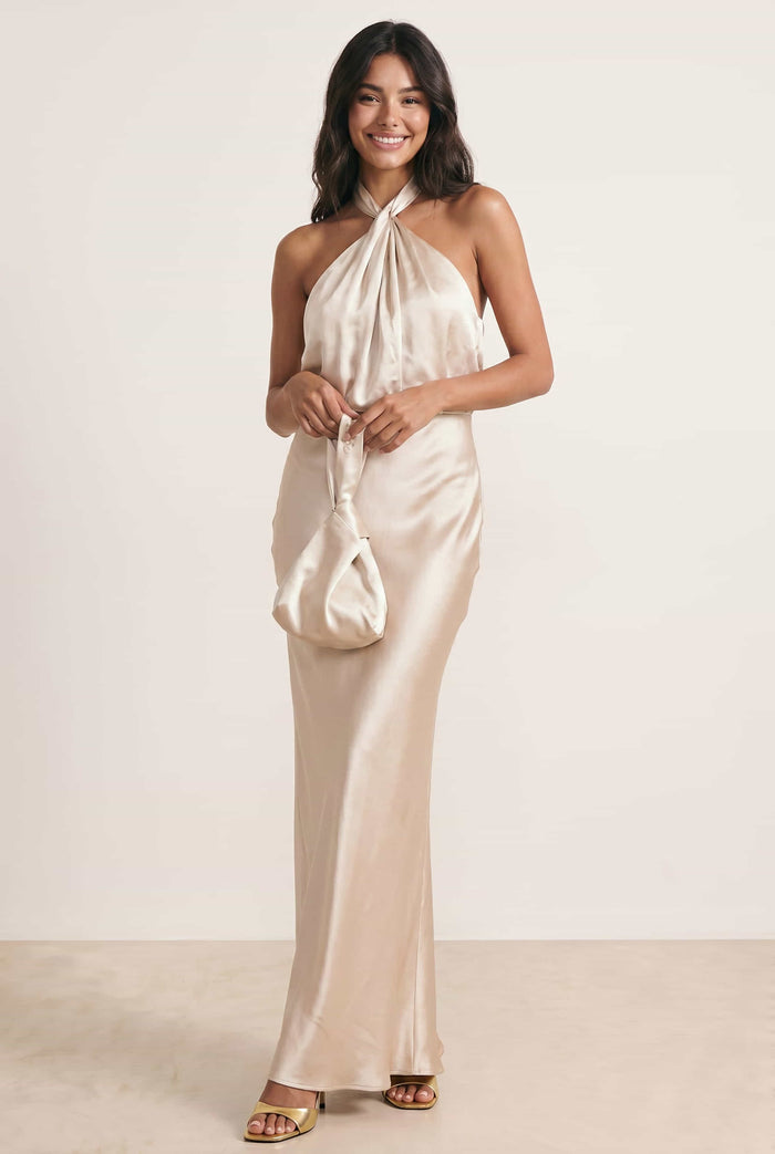 Twist Neck Satin Maxi Dress / Champagne