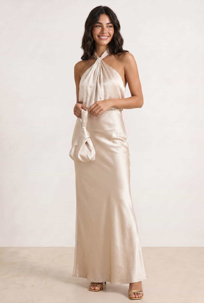 Twist Neck Satin Maxi Dress / Champagne