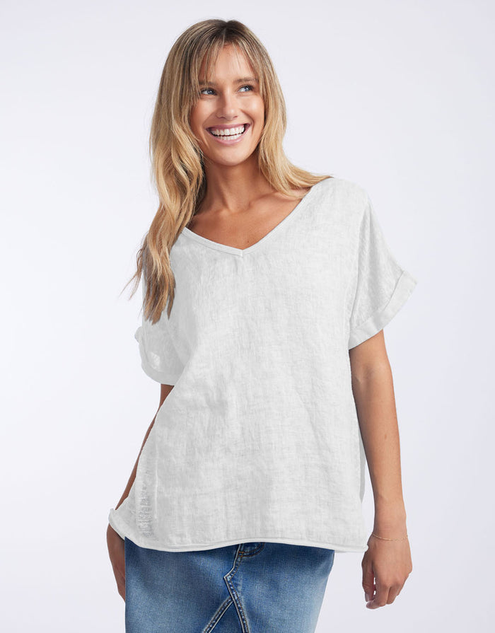 V Neck Calypso Linen Short Sleeve Top - White