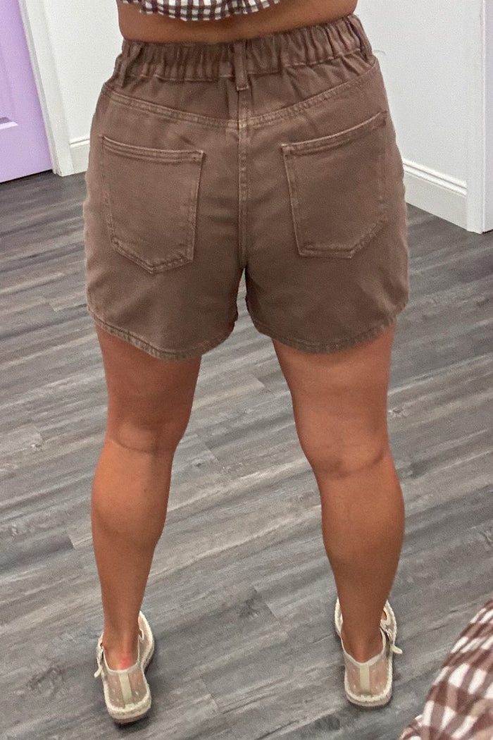 washed chocolate brown button fly closure wide leg denim shorts with back pockets