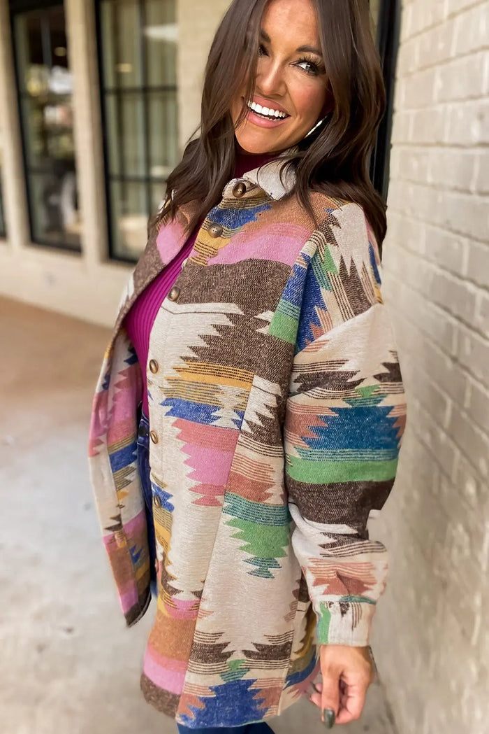White Aztec Print Button Up Shacket - Outerwear/Jackets