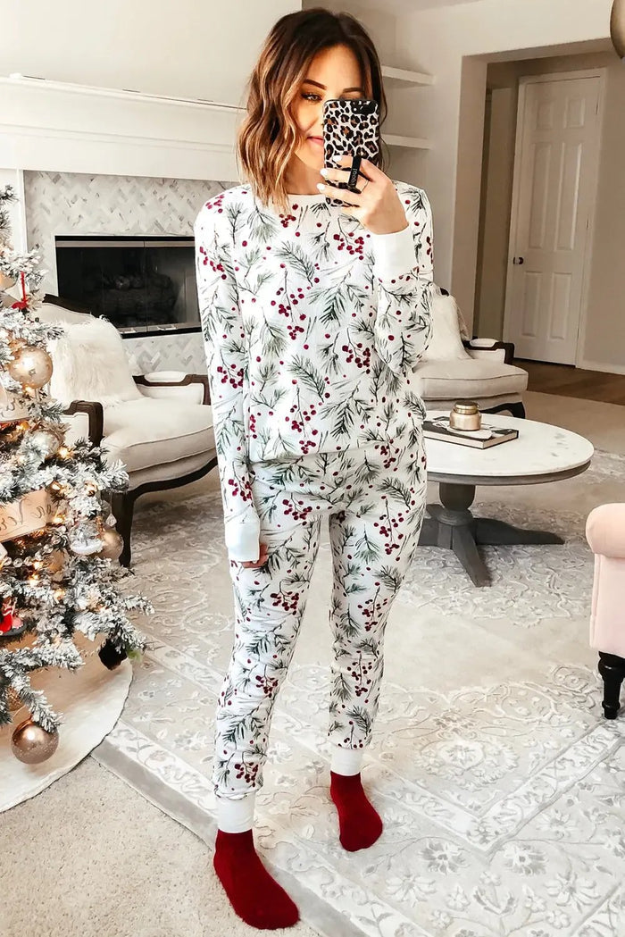 White Holly Print Thermal Pyjamas - Loungewear & Sleepwear/Sleepwear