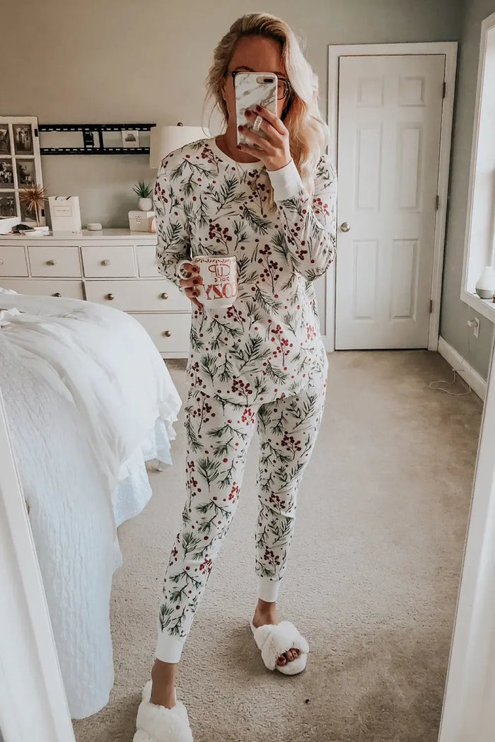 White Holly Print Thermal Pyjamas - Loungewear & Sleepwear/Sleepwear