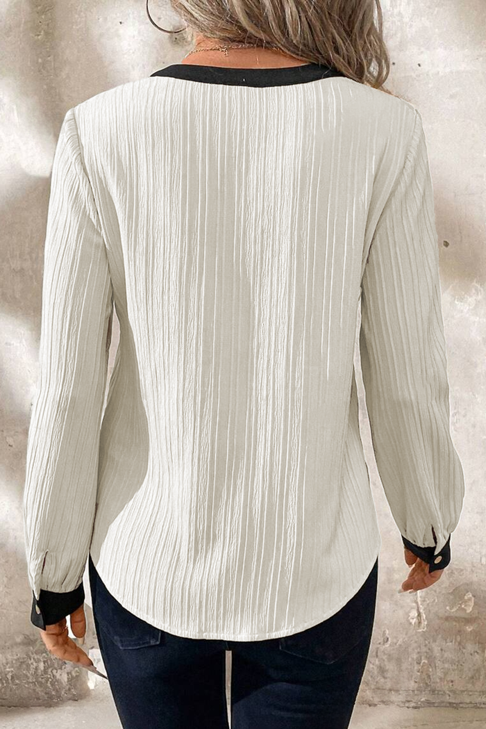 White Textured Colourblock V Neck Elegant Blouse - Tops/Blouses & Shirts