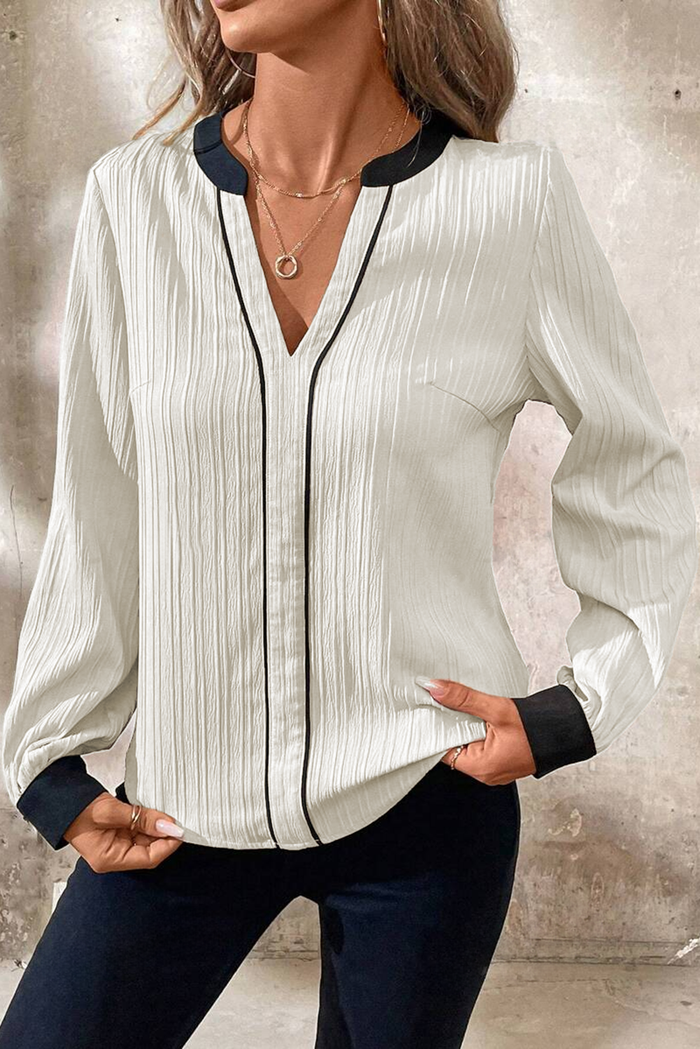 White Textured Colourblock V Neck Elegant Blouse - Tops/Blouses & Shirts