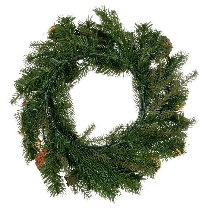 Back view of a green pine Christmas wreath with green wire base for hanging