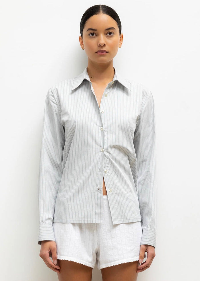 Yoshi Stripe Slim Fit Button Down (Dove/Forest Stripe)